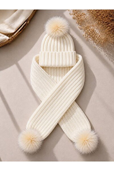 ues Cream Tek Ponpon Tricot Knitted Scarf and Beanie Set