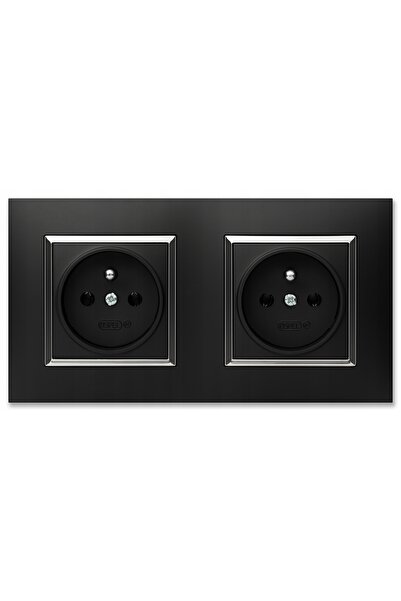 NO BRAND 2x Priză simplă cu împământare cu ramă Ospel Aria Negru / Argintiu