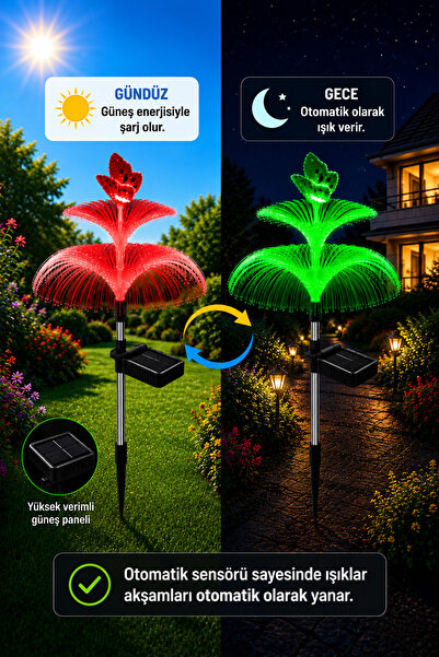 ALFAGİFT 2'li Güneş Enerjili Kelebek Bahçe Lambası RGB Fiber Optik IP65 Solar Dekoratif Aydınlatma