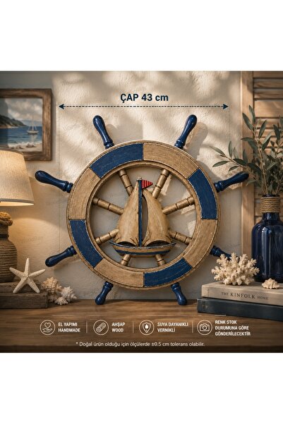 WoodBay El Yapımı Ahşap Gemi Dümeni Duvar Dekoru Yelkenli Marin Duvar Süsü 43...