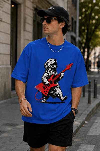 ArtYus Dog Playing Guitar Printed Crew Neck Casual Unisex Oversize T-Shirt - ...