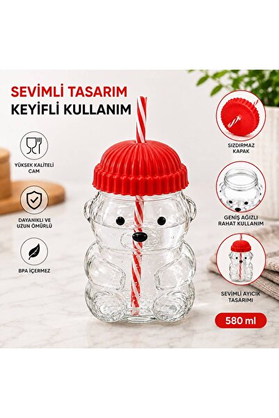 CİHO Goggy Bear Premium Glass Barista Cold Drink Cup with Straw a Teddy Bear ...