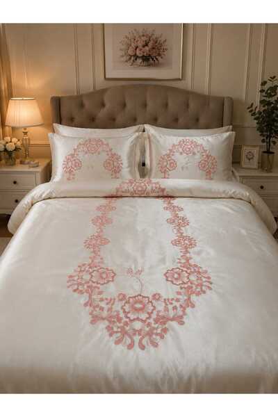 BAŞ TASARIM White Double Duvet Cover Set with Embroidered Middle Knot Pattern