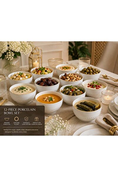 Generic طقم أوعية بورسلين من 12 قطعة، أوعية تقديم سيراميك بيضاء بحافة ذهبية م...