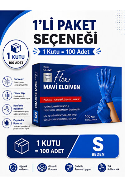 Genel Markalar Flex Hi-Tech TPE Tek Kullanımlık Pudrasız Mavi Eldiven 100 Ade...