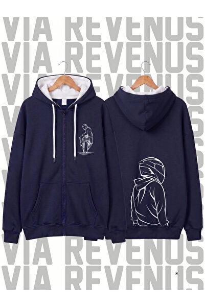 Vordevia Biker Front and Back Printed Unisex Zippered Hooded Sweatshirt Cardigan