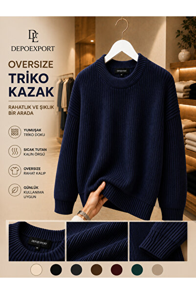 DepoExport Erkek Premium Oversize Yumuşak Bisiklet Yaka Triko Kazak