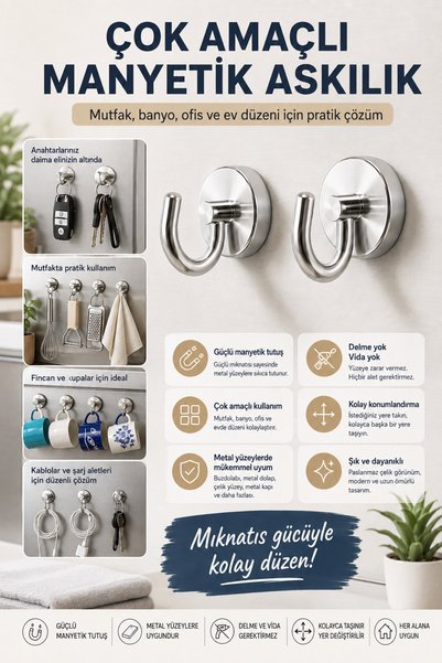 ALL FAST 2’li Güçlü Manyetik Askı Mutfak ve Banyo İçin Çok Amaçlı Mıknatıslı ...