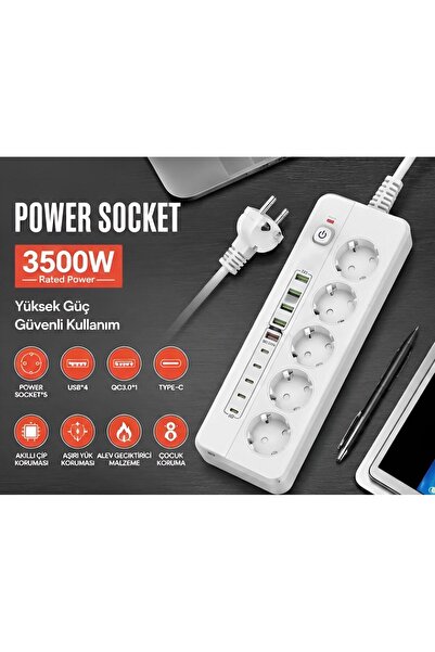 KOCH TECH 5 Prizli 3500W Akım Korumalı Çoklu Priz Uzatma Kablosu, 4 USB-A + Q...