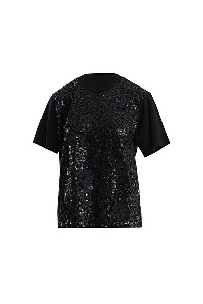 GİZİA Çiçek Ve İşleme Detaylı Pullu Siyah T-Shirt