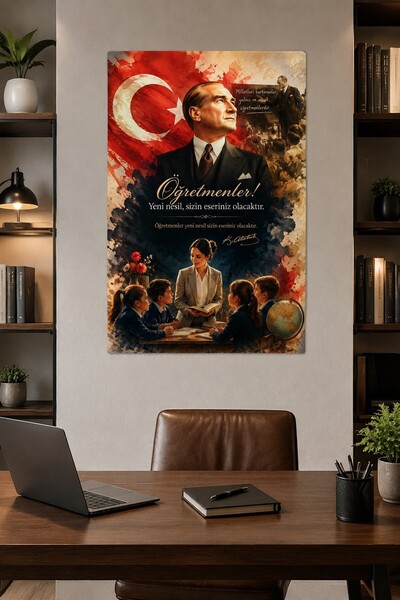 Mythog Atatürk ve Öğretmen Temalı Baskılı Cam Tablo – UV Baskı Dekoratif Duva...