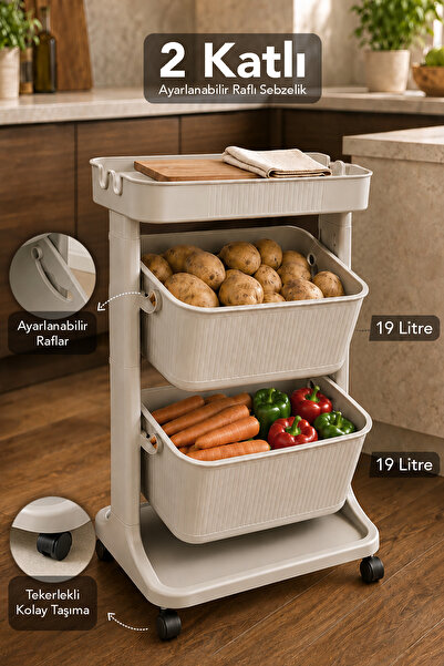 Meleni Home Ayarlanabilir Mutfak Organizer - 2 Katlı Raflı Tekerlekli Patates...
