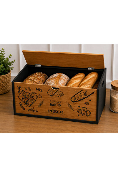 caddeplushome Kapaklı Ahşap Ekmeklik - Dekoratif Desenli Ekmek Saklama Kutusu...