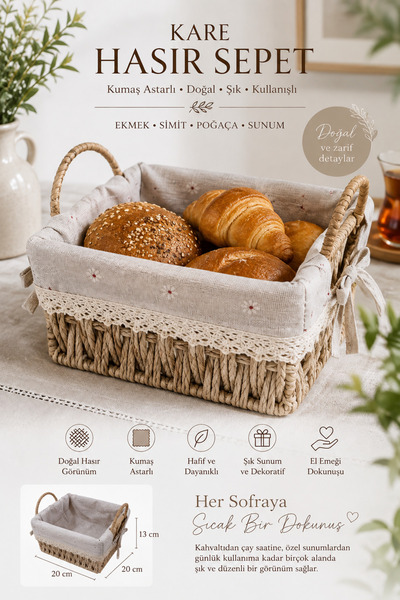 MAKRİ HOME Bamboo Wicker Bread and Presentation Basket with Fabric Lining, Co...