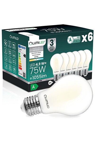 Lumiled 6x Bec LED E27 A60 4.9W 1055lm = 75W 4000K Neutru 360 °   Filament CL...