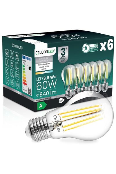 Lumiled 6x Bec LED E27 A60 3.8W 840lm = 60W 4000K Neutră 360 °   Filament CLA...