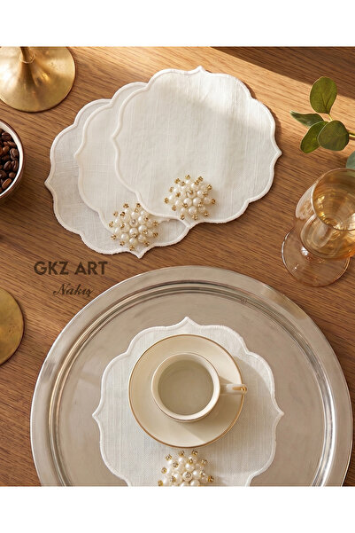 gkzglass home dekor 3 Adet Keten Kumaş Üzeri Nakışlı Kahve Yanı Kokteyl Peçet...