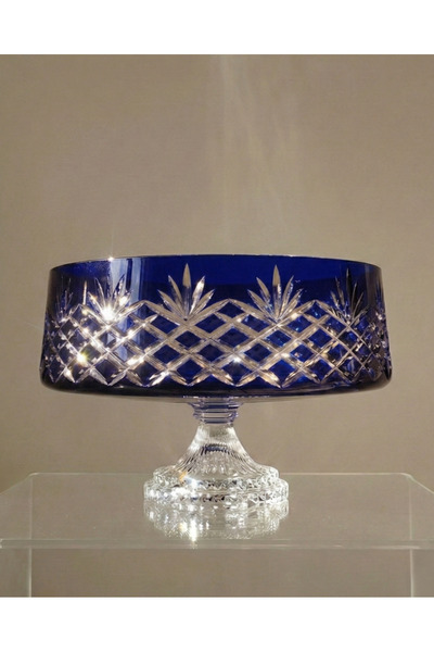 AKDEN STORE Crystal Cut Handcrafted Blue Glass Bowl Tableware Presentation Bowl