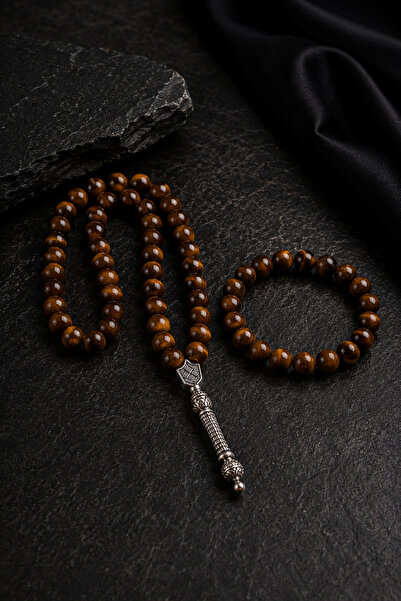 İyyaKee 8mm Tiger's Eye Natural Stone Prayer Beads and Bracelet Set Medium Si...
