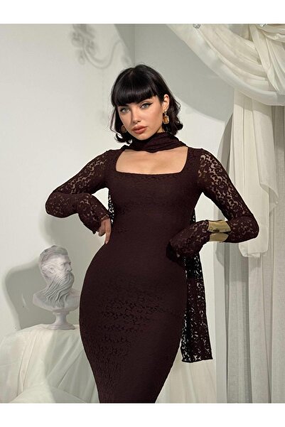 Moda Days Rochie de damă maro din dantelă, cu guler pătrat, mâneci lungi, roc...