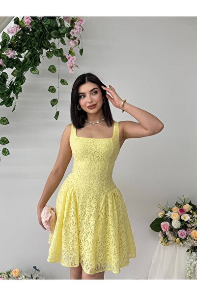 Moda Days Women's Sari Lace Mini Dress with Square Collar, Straps, Waist Fit,...