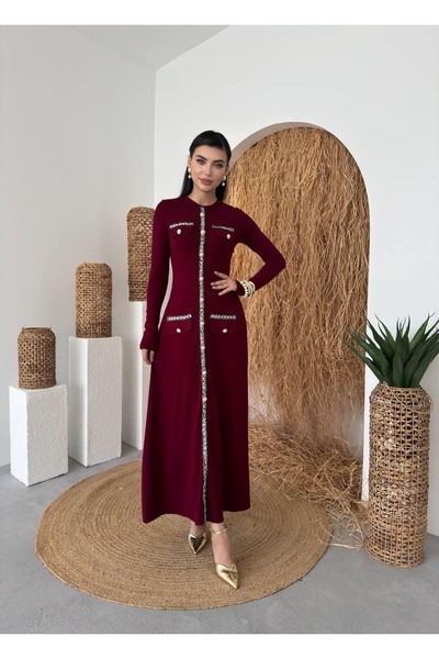 Moda Days Women's Burgundy Midi Dress with Crew Neck, Long Sleeves, Button an...