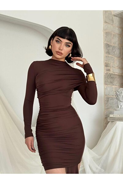 Moda Days Rochie mini maro pentru femei, cu mâneci lungi, cu guler înalt, cu ...