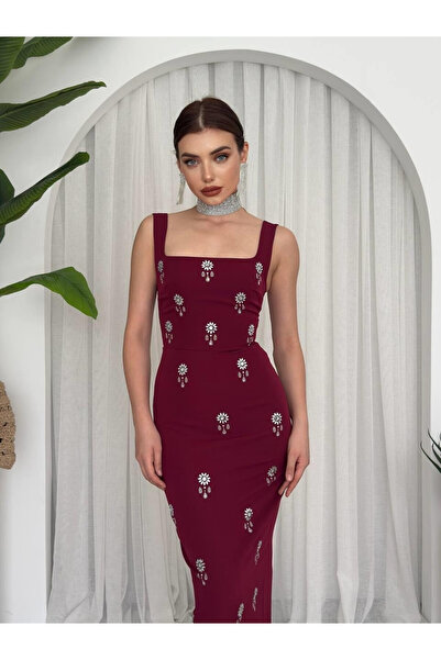 Moda Days Women's Burgundy Midi Dress with Square Collar, Stone Detail, Strap...