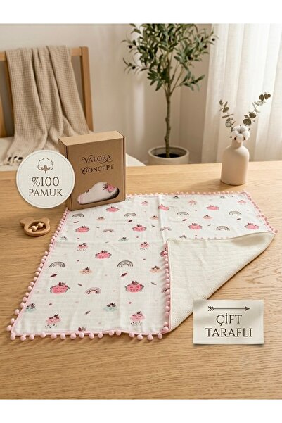 Valora Concept Double-Sided Pompom Muslin Pique Blanket 100% Cotton 80Cmx80Cm