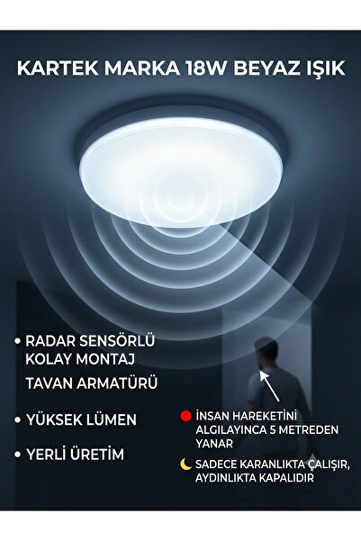 Kartek 18W Ledli Radar Sensörlü Sıva Üstü Tavan Armatürü - Yüksek Lümen, Akıl...