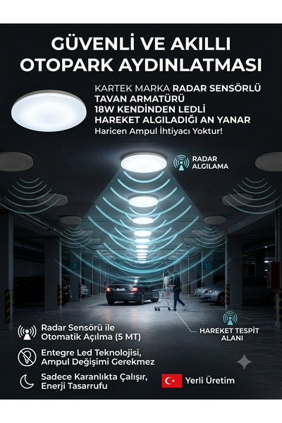 Kartek 18W Ledli Radar Sensörlü Sıva Üstü Tavan Armatürü - Yüksek Lümen, Akıl...