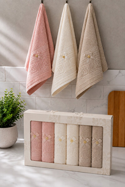 İz Home 6lı Fiyonk Dantel Detaylı Kutulu Mutfak Havlusu Seti | %100 Pamuk | 30x50 CM | Hediyelik - Çeyizlik | Pembe Bej Kahve | Orkidem