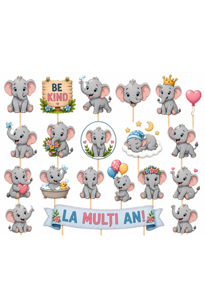 DecoParty Set de decorațiuni pentru tort – Tematică elefanți, 20 de piese, Ca...