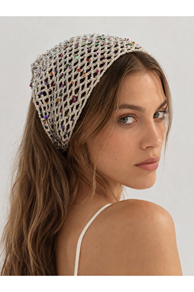 ByBurcuGuler Ecru Glittery and Colorful Sequin Knitted Bandana