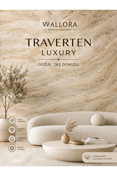 WALLORA Premium Traverten Luxury Bej Doğal Taş Desenli Duvar Kağıdı Modern Sa...