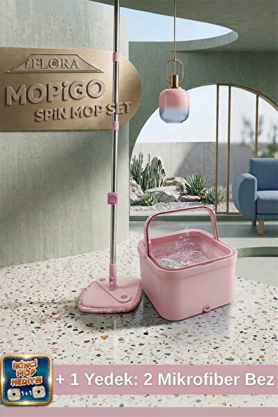 AHİR TİCARET Mopigo Spin Kare Döner Başlıklı Islak Kuru Temizlik Mop Seti (1 ...