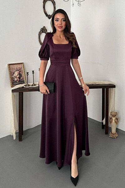 Moda Days Women's Plum Satin Square Neck Balloon Sleeve Waist Detailed Slit M...