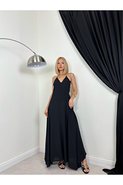 Clothes Fast Women's Black V-Neck Chain Strap Backless A-Line Long Maxi Dress