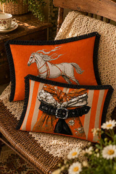 stellahomes Orange Horse and Scarf Patterned 3-Sided Black Tasseled Decorativ...