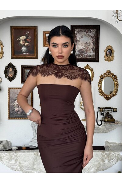 Moda Days Women's Coffee Color Midi Dress with Lace Cape Collar and Draped Sl...