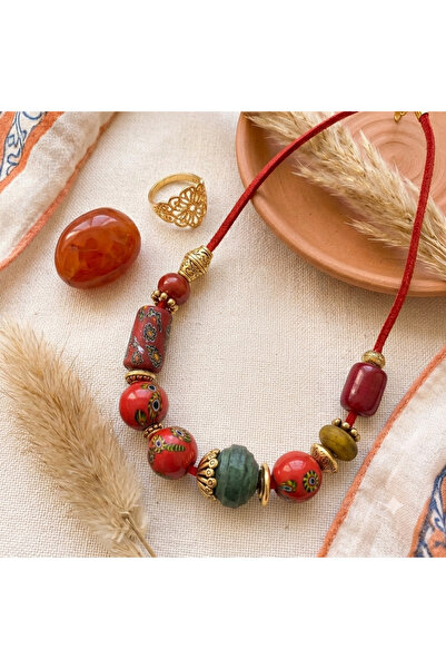 azra takı tasarım Handmade Red and Colorful Bohemian Short Women's Necklace