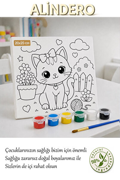 tuval boyama seti çocuk gelişim sanat etkinlik kedi temalı + fırça +6 lı akrilik boya + hazır görsel tuval (20x20 )