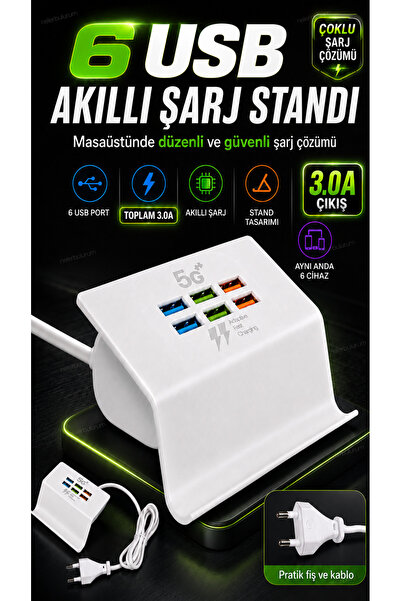 nelerbulurum Tüm Cihazlara Uyumlu 3.0 amper Hızlı Şarj Adaptörü 6 ADET USB Gi...