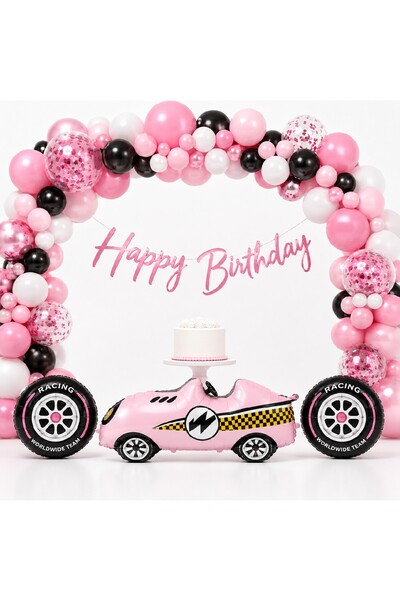 BKMC PARTY Pink Racing Party – Girls' Birthday Decoration Set - Pink Race Car...