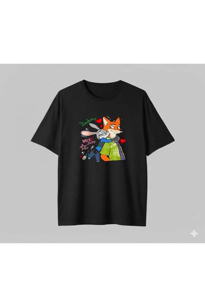 JANTIL MODA Tricou unisex cu decolteu rotund Zootopia Nick și Judy cu figurin...