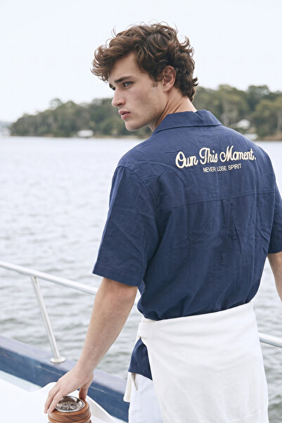 BARRELS AND OIL Men's Oversize Shirt with Embroidered Back Lettering - Indigo