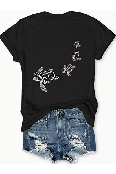 128 Women's Stylish Turtle Print T-Shirt Comfortable Fashion Casual Short Sle...