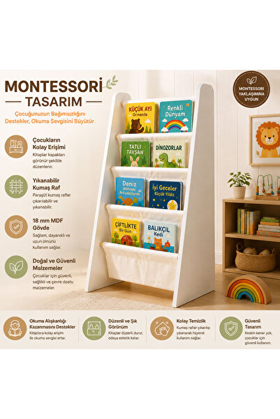 Ratemo Mobilya Montessori Çocuk Kitaplığı - Büyük Boy Ahşap Kitap Rafı - Yıka...