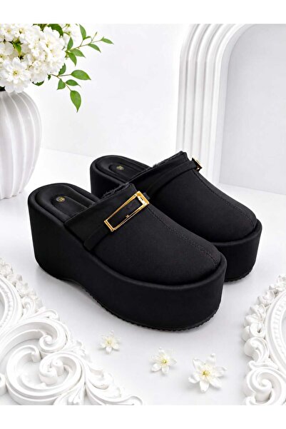 dabab shoes Nara Women's Black Warm Fur Gold Buckle Closed Toe Wedge Heeled P...