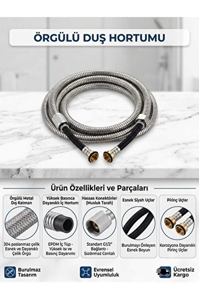 segyhome Paslanmaz Örgülü Spiralli Banyo Duş Başlığı Hortumu 150 cm Esnek ve ...